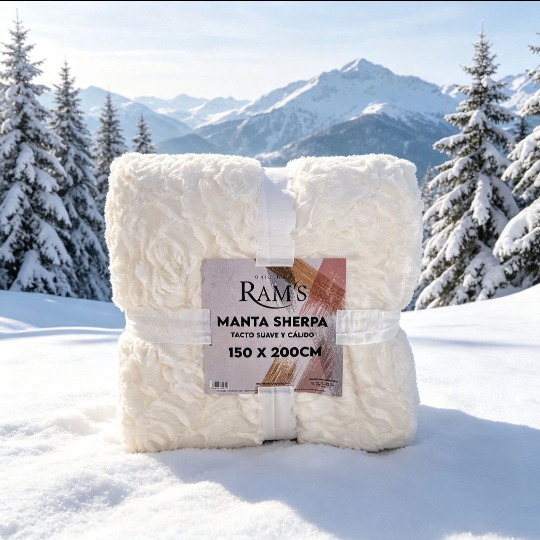 Couverture Sherpa Crème Motif Roses — 150 × 200 cm