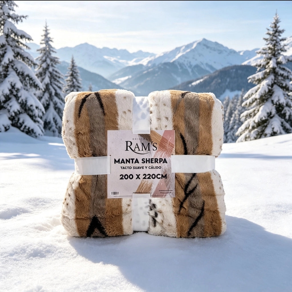 Couverture Sherpa Rayée Marron & Beige XXL 200x220 cm — Ultra Douce | RAM'S
